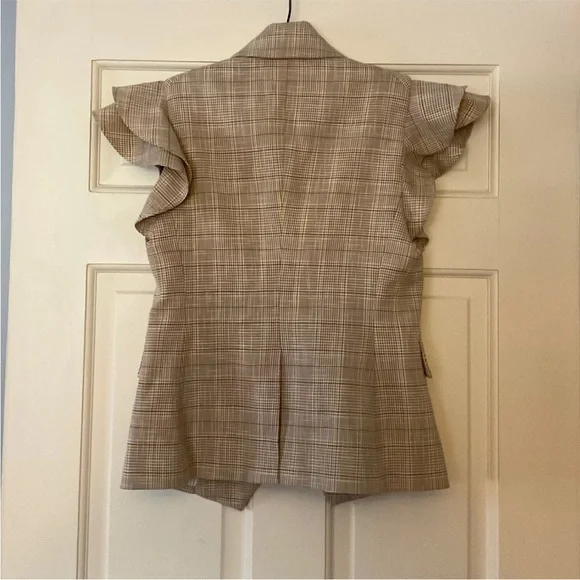 $595 Veronica Beard Janae Plaid Ruffle Blazer Jacket Button Up Khaki Multi Sz 00 - Picture 8 of 14